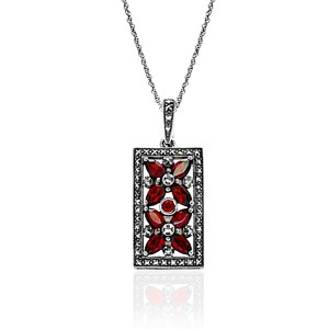 Marcasite and Garnet Double Flower Rectangle Pendant w/chain